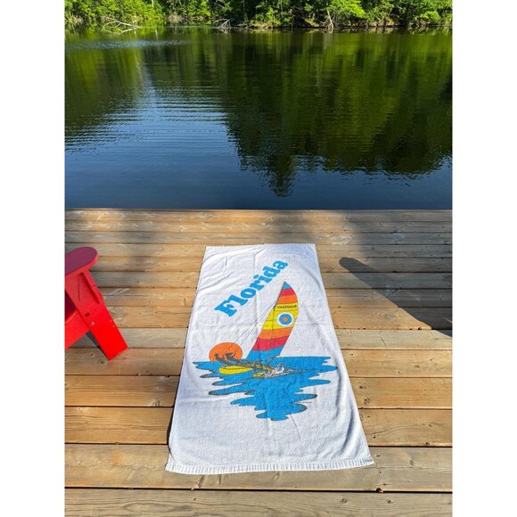 90s vintage Florida sailboat graphic retro travel souvenir cotton beach towel - Picture 3 of 5